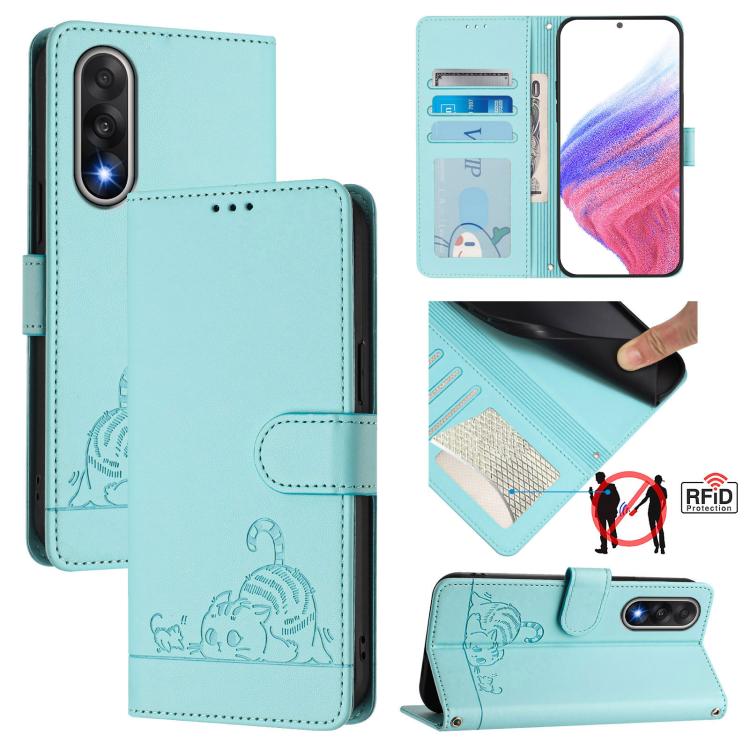 

For OnePlus Ace 5 Ultra Cat Rat Embossed Pattern RFID Leather Phone Case with Lanyard(Mint Green)