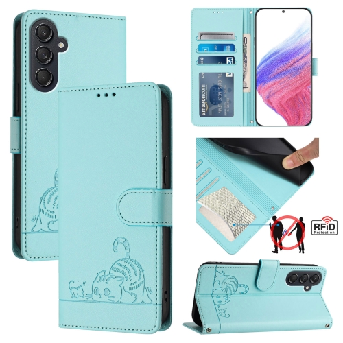 

For Samsung Galaxy M55 Cat Rat Embossed Pattern RFID Leather Phone Case with Lanyard(Mint Green)