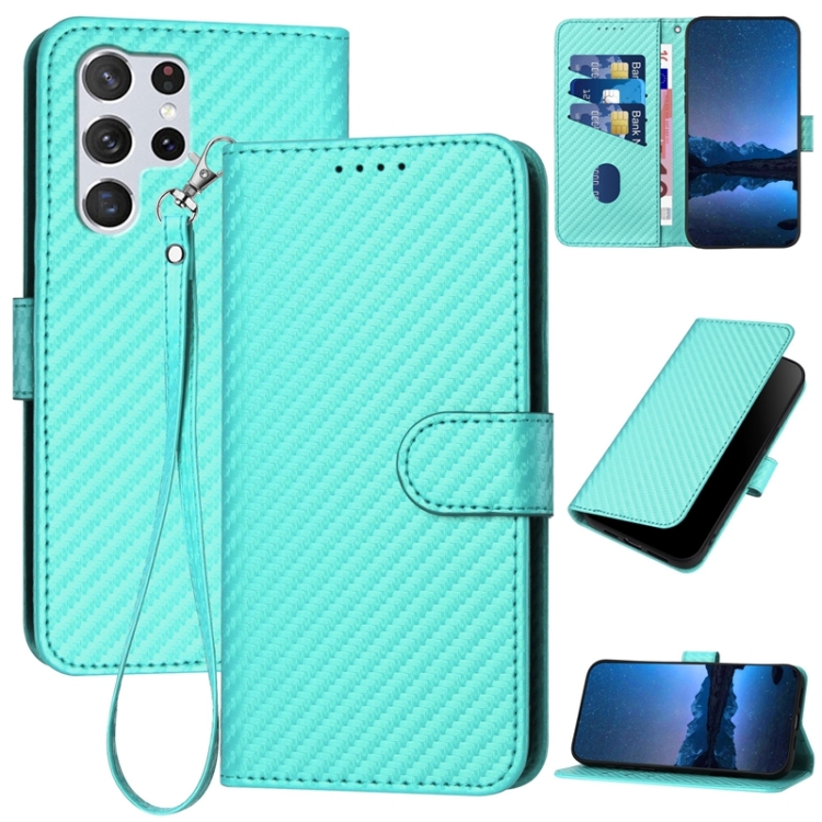 

For Samsung Galaxy S22 Ultra 5G YX0070 Carbon Fiber Buckle Leather Phone Case with Lanyard(Light Blue)