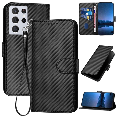 

For Samsung Galaxy S21 Ultra 5G YX0070 Carbon Fiber Buckle Leather Phone Case with Lanyard(Black)