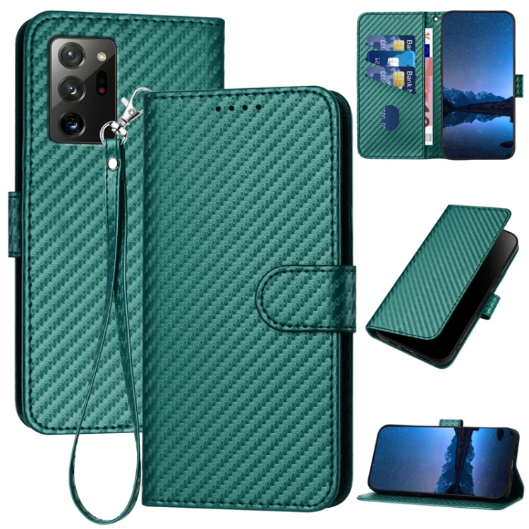 

For Samsung Galaxy Note20 YX0070 Carbon Fiber Buckle Leather Phone Case with Lanyard(Dark Green)