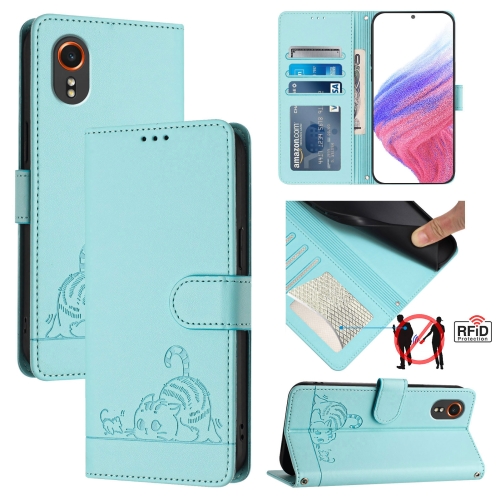 

For Samsung Galaxy Xcover7 Cat Rat Embossed Pattern RFID Leather Phone Case with Lanyard(Mint Green)