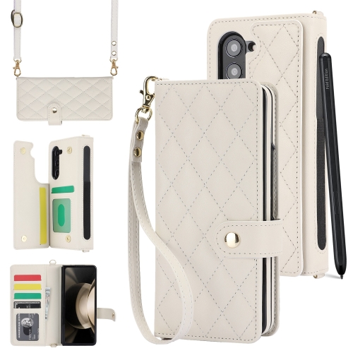 

For Samsung Galaxy Z Fold5 Crossbody Multifunction Rhombic Leather Phone Case(White)