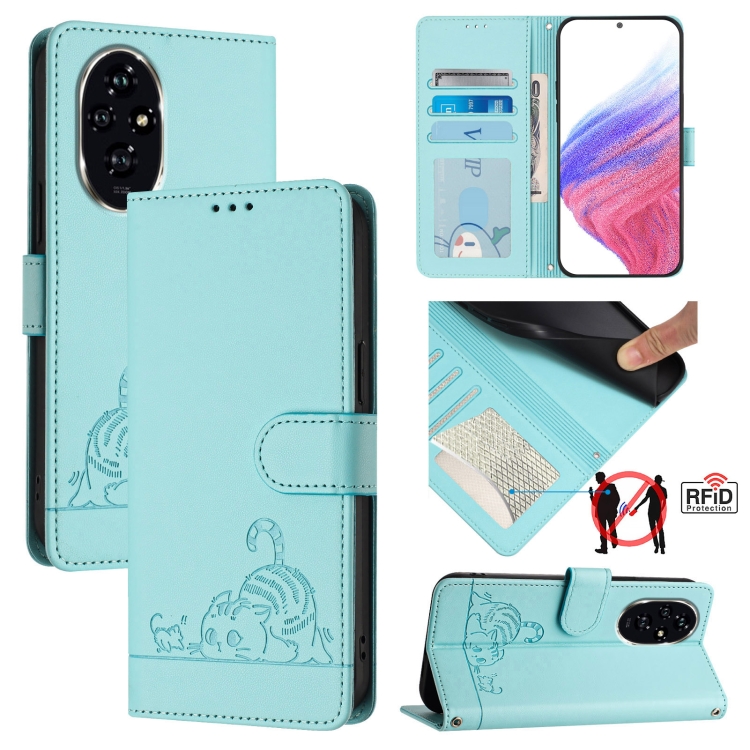 

For Honor 200 Cat Rat Embossed Pattern RFID Leather Phone Case with Lanyard(Mint Green)