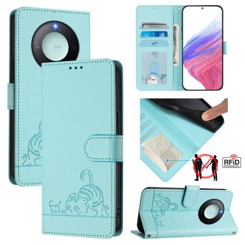 

For Honor X9c Smart 5G Global Cat Rat Embossed Pattern RFID Leather Phone Case with Lanyard(Mint Green)