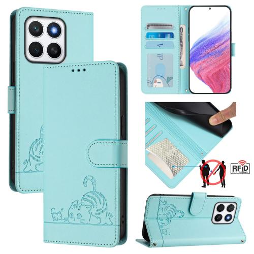 

For Honor X8c 4G Global Cat Rat Embossed Pattern RFID Leather Phone Case with Lanyard(Mint Green)