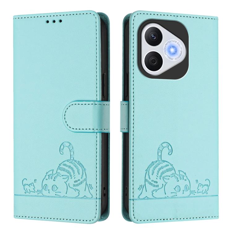 

For Honor 400 Lite Cat Rat Embossed Pattern RFID Leather Phone Case with Lanyard(Mint Green)