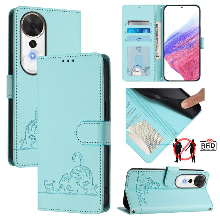 

For Honor Play 70 Plus Cat Rat Embossed Pattern RFID Leather Phone Case with Lanyard(Mint Green)