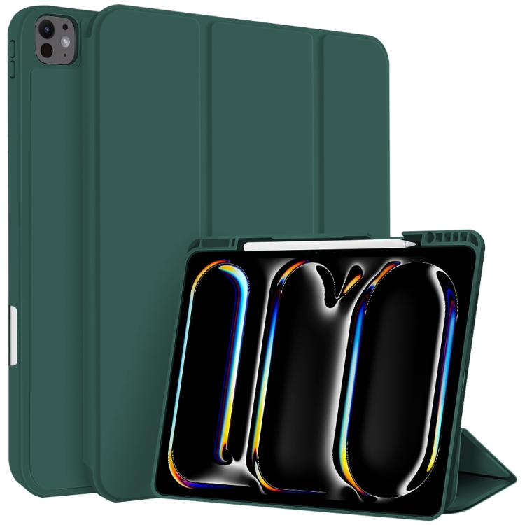 For iPad Pro 11 2025 / 2024 3-fold TPU Smart Leather Tablet Case with Pen Slot(Dark Green)