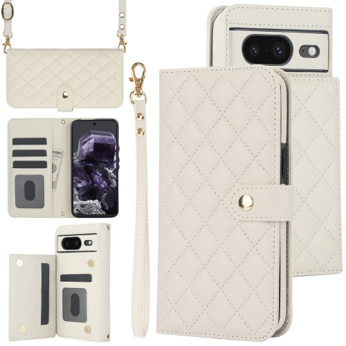 

For Google Pixel 8a Crossbody Multifunction Rhombic Leather Phone Case(White)