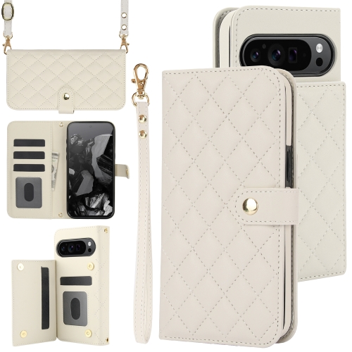 

For Google Pixel 9 Pro XL Crossbody Multifunction Rhombic Leather Phone Case(White)