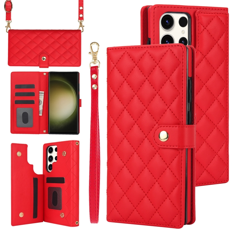 

For Samsung Galaxy S22 Ultra 5G Crossbody Multifunction Rhombic Leather Phone Case(Red)