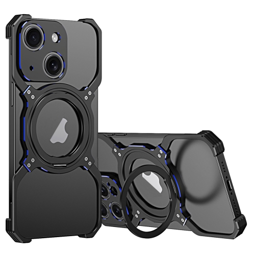 

For iPhone 14 Mechanical Arm Borderless MagSafe Holder Metal Phone Case(Black Blue)