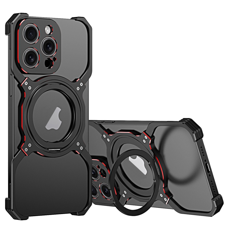 

For iPhone 14 Pro Mechanical Arm Borderless MagSafe Holder Metal Phone Case(Black Red)