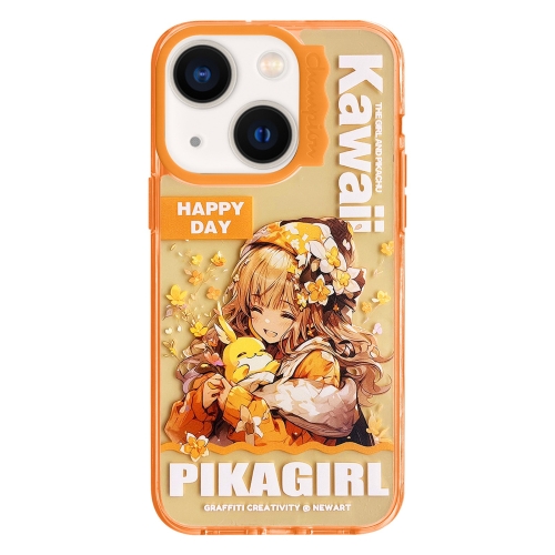 

For iPhone 14 Colorful Wave Circle Creative Pattern Phone Case(Orange Butterfly Flower Girl)