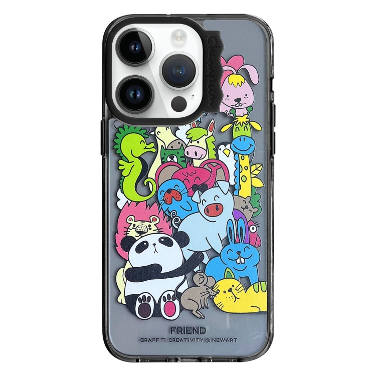 

For iPhone 14 Pro Colorful Wave Circle Creative Pattern Phone Case(Black Animals)