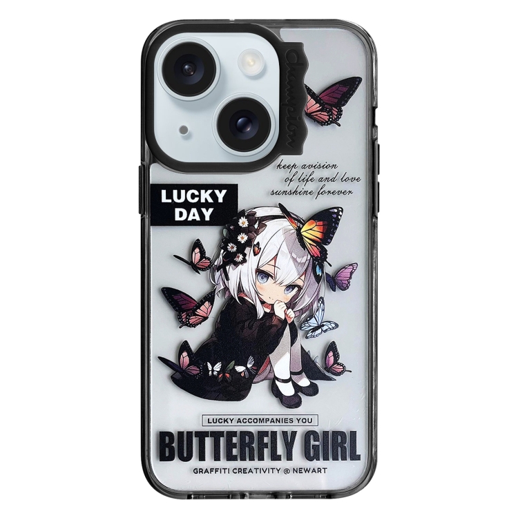 

For iPhone 15 Colorful Wave Circle Creative Pattern Phone Case(Butterfly Flower Girl)