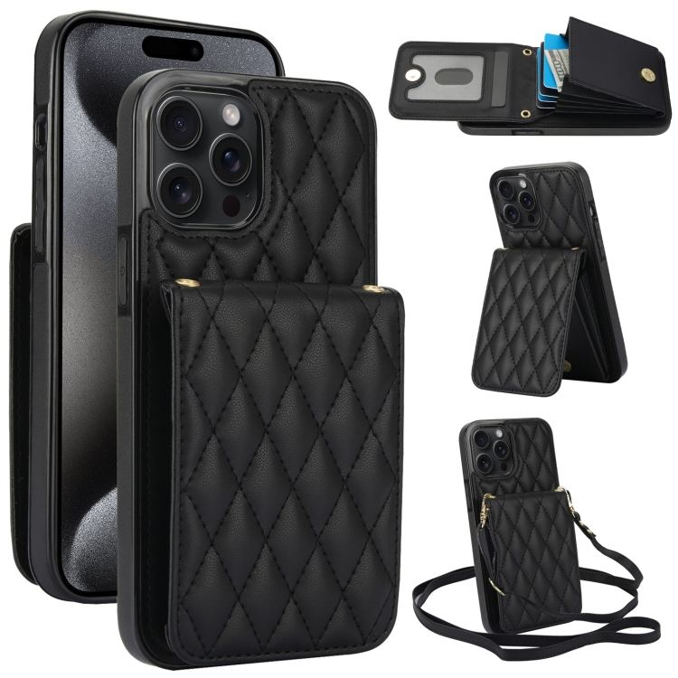 

For iPhone 15 Pro Max YM015 Crossbody Rhombic Card Bag RFID Phone Case(Black)