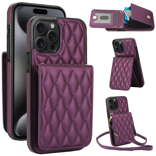 

For iPhone 15 Pro Max YM015 Crossbody Rhombic Card Bag RFID Phone Case(Dark Purple)