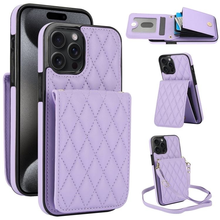

For iPhone 15 Pro Max YM015 Crossbody Rhombic Card Bag RFID Phone Case(Light Purple)