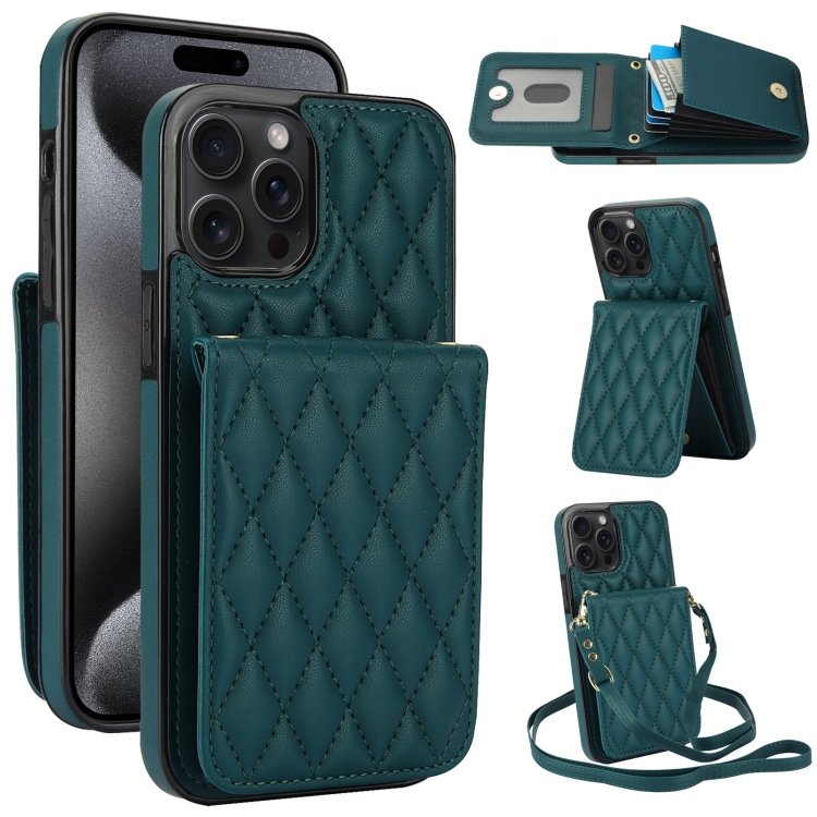 

For iPhone 15 Pro YM015 Crossbody Rhombic Card Bag RFID Phone Case(Green)