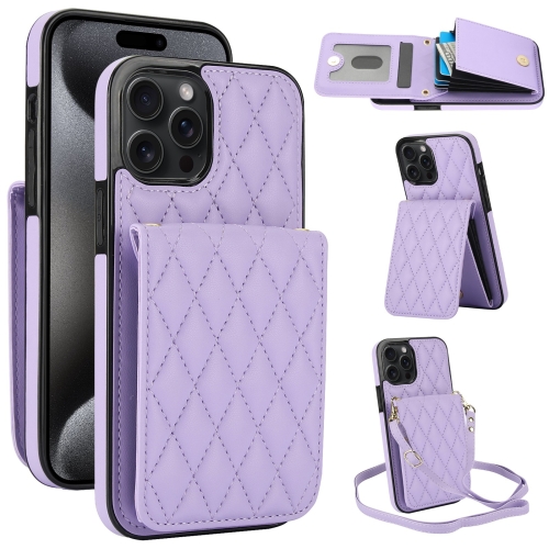 

For iPhone 15 Pro YM015 Crossbody Rhombic Card Bag RFID Phone Case(Light Purple)