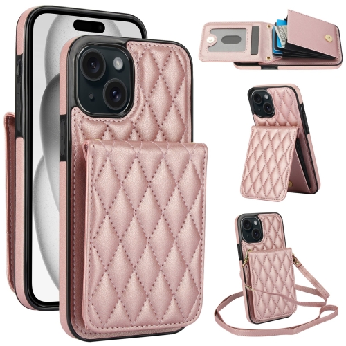 

For iPhone 15 Plus YM015 Crossbody Rhombic Card Bag RFID Phone Case(Rose Gold)