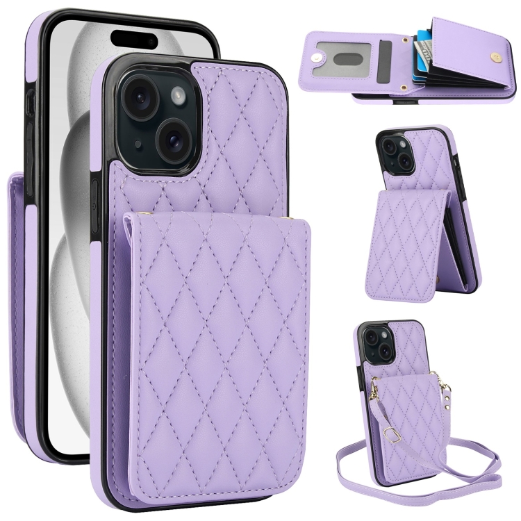 

For iPhone 15 Plus YM015 Crossbody Rhombic Card Bag RFID Phone Case(Light Purple)