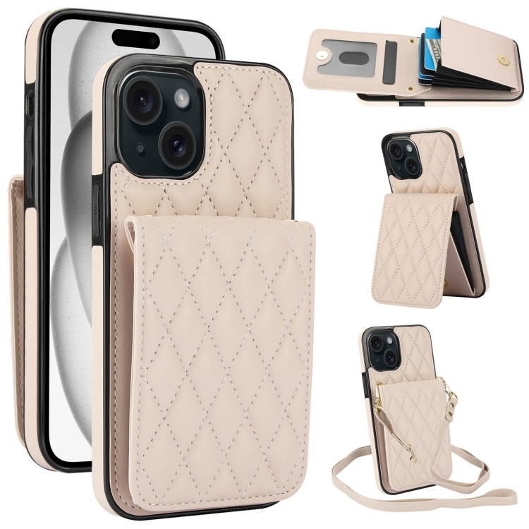 

For iPhone 15 YM015 Crossbody Rhombic Card Bag RFID Phone Case(White)