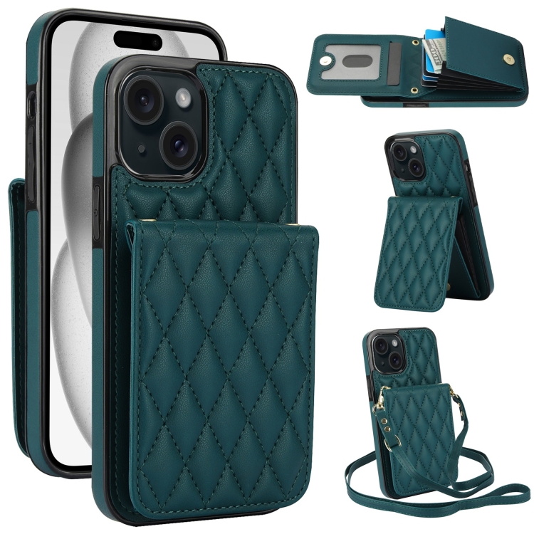 

For iPhone 15 YM015 Crossbody Rhombic Card Bag RFID Phone Case(Green)