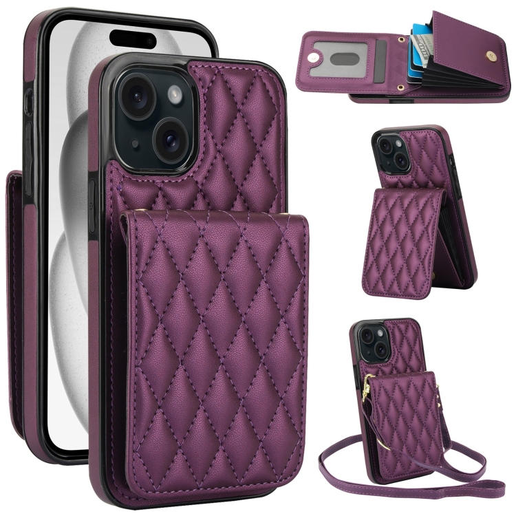

For iPhone 15 YM015 Crossbody Rhombic Card Bag RFID Phone Case(Dark Purple)