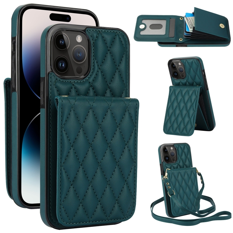 

For iPhone 14 Pro Max YM015 Crossbody Rhombic Card Bag RFID Phone Case(Green)