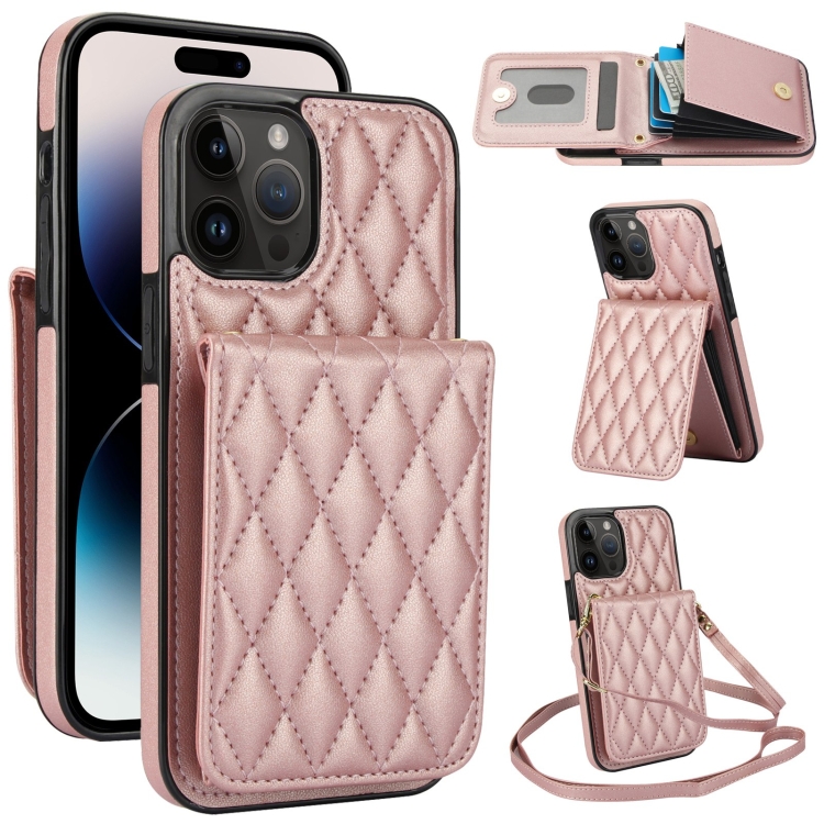 

For iPhone 14 Pro Max YM015 Crossbody Rhombic Card Bag RFID Phone Case(Rose Gold)