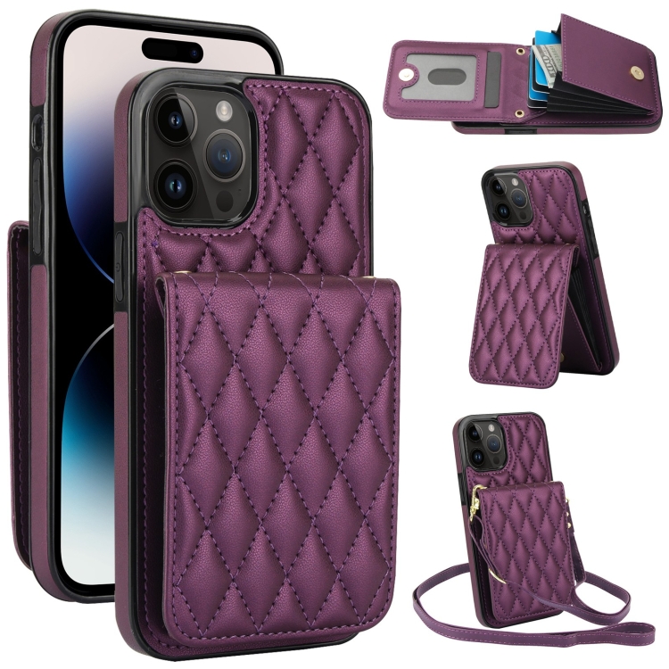 

For iPhone 14 Pro Max YM015 Crossbody Rhombic Card Bag RFID Phone Case(Dark Purple)