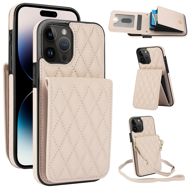 

For iPhone 14 Pro YM015 Crossbody Rhombic Card Bag RFID Phone Case(White)