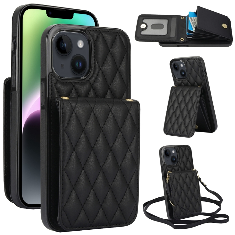 

For iPhone 14 Plus YM015 Crossbody Rhombic Card Bag RFID Phone Case(Black)
