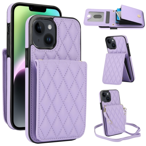 

For iPhone 14 Plus YM015 Crossbody Rhombic Card Bag RFID Phone Case(Light Purple)