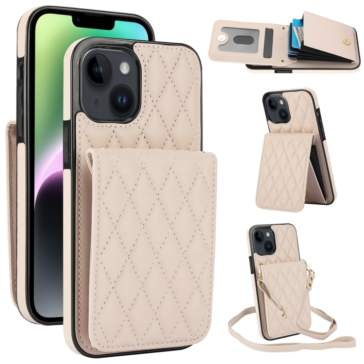 

For iPhone 14 YM015 Crossbody Rhombic Card Bag RFID Phone Case(White)