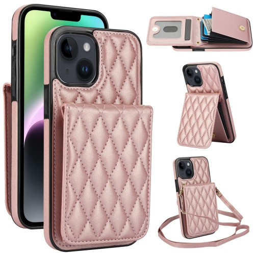 

For iPhone 14 YM015 Crossbody Rhombic Card Bag RFID Phone Case(Rose Gold)