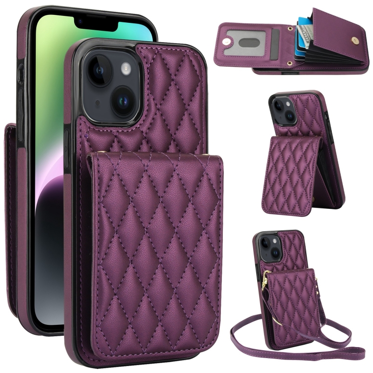 

For iPhone 14 YM015 Crossbody Rhombic Card Bag RFID Phone Case(Dark Purple)