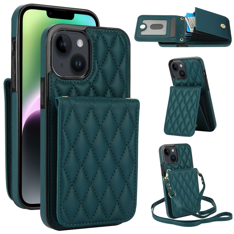 

For iPhone 13 YM015 Crossbody Rhombic Card Bag RFID Phone Case(Green)