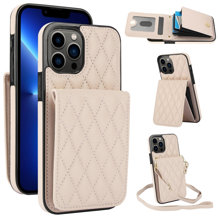 

For iPhone 13 Pro YM015 Crossbody Rhombic Card Bag RFID Phone Case(White)