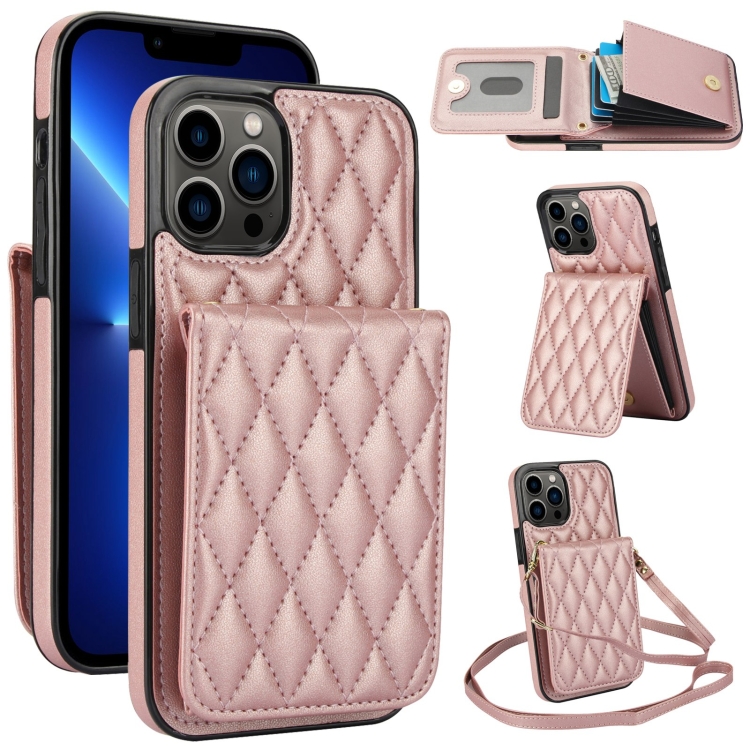 

For iPhone 13 Pro YM015 Crossbody Rhombic Card Bag RFID Phone Case(Rose Gold)