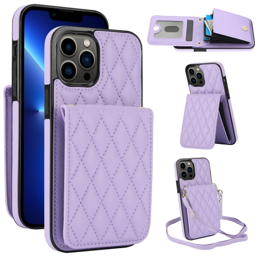 

For iPhone 13 Pro YM015 Crossbody Rhombic Card Bag RFID Phone Case(Light Purple)