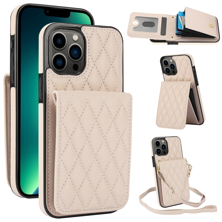

For iPhone 13 Pro Max YM015 Crossbody Rhombic Card Bag RFID Phone Case(White)