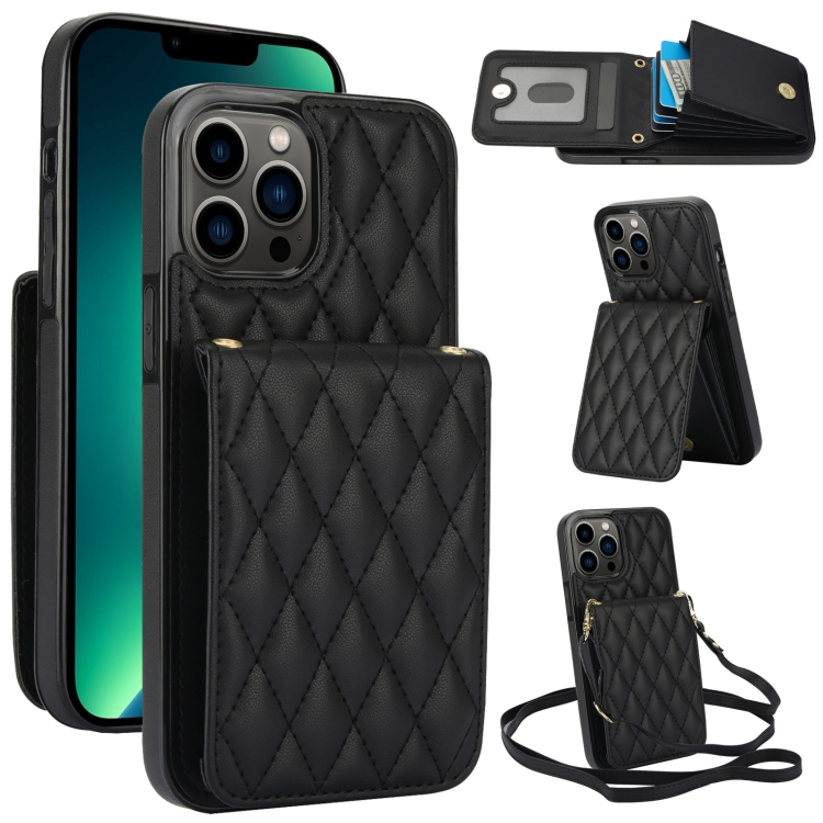 

For iPhone 13 Pro Max YM015 Crossbody Rhombic Card Bag RFID Phone Case(Black)