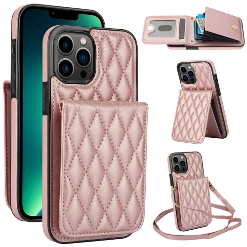 

For iPhone 13 Pro Max YM015 Crossbody Rhombic Card Bag RFID Phone Case(Rose Gold)