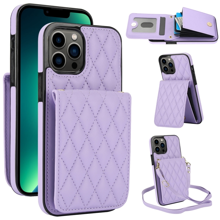 

For iPhone 13 Pro Max YM015 Crossbody Rhombic Card Bag RFID Phone Case(Light Purple)