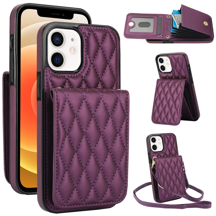 

For iPhone 12 / 12 Pro YM015 Crossbody Rhombic Card Bag RFID Phone Case(Dark Purple)