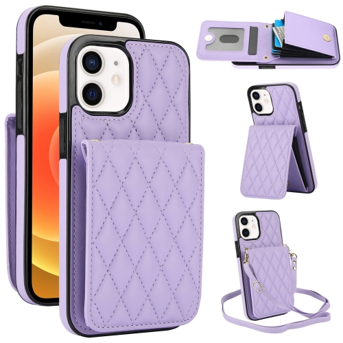 

For iPhone 12 / 12 Pro YM015 Crossbody Rhombic Card Bag RFID Phone Case(Light Purple)